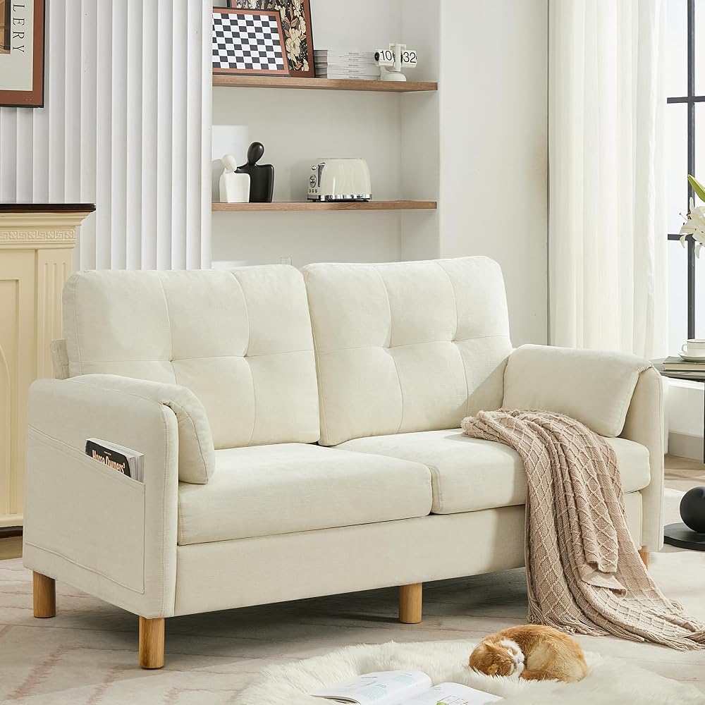 WUTUTUEE 65" Loveseat Sofa, Chenille Loveseat Couch with Padded Arms, Beige