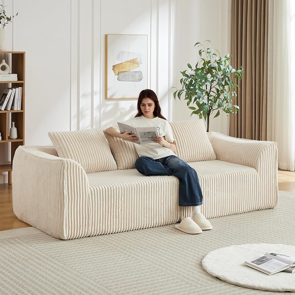 92" Minimalist Boneless 3-Seater Corduroy Sofa with 3 Horn-Shaped Throw Pillow, Featuring Curved Lines and a Gently Sloped Backrest，Beige：92" 3-Seater Sofa