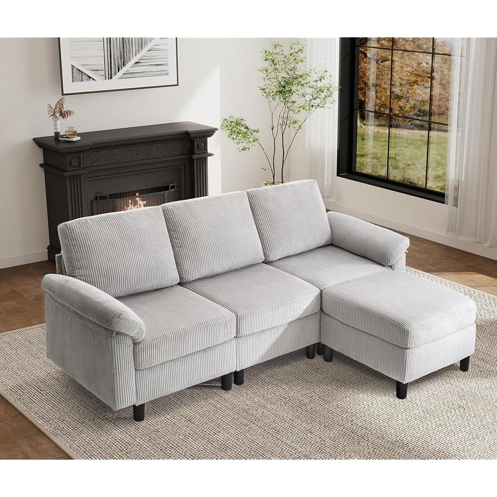 84.6" Modular Sectional Couch with Storage, 3 Seater Comfy Corduroy L Shaped Cloud Couch, Sectional Sofa with Movable Ottoman, Modern Sectional Couch for Living Room, Lightgrey